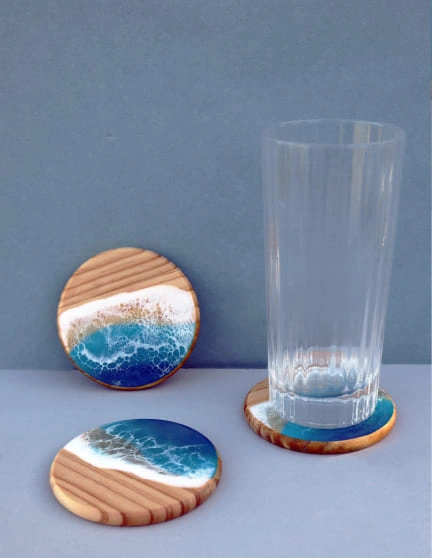 sous-verres bois résine effet vague océan